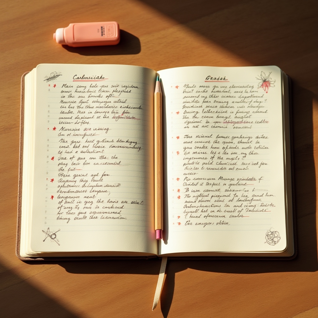 Handwritten notes comparing scientific terms with plain language alternatives