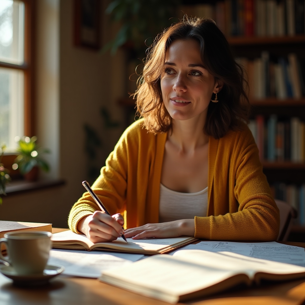 Science enthusiast writing at a warm-lit desk surrounded by notebooks