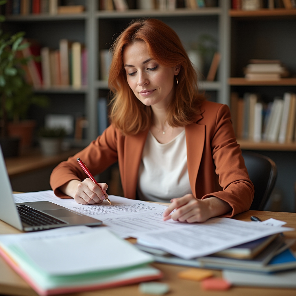 Curriculum designer reviewing lesson materials at a well-organized workspace with warm overhead lighting