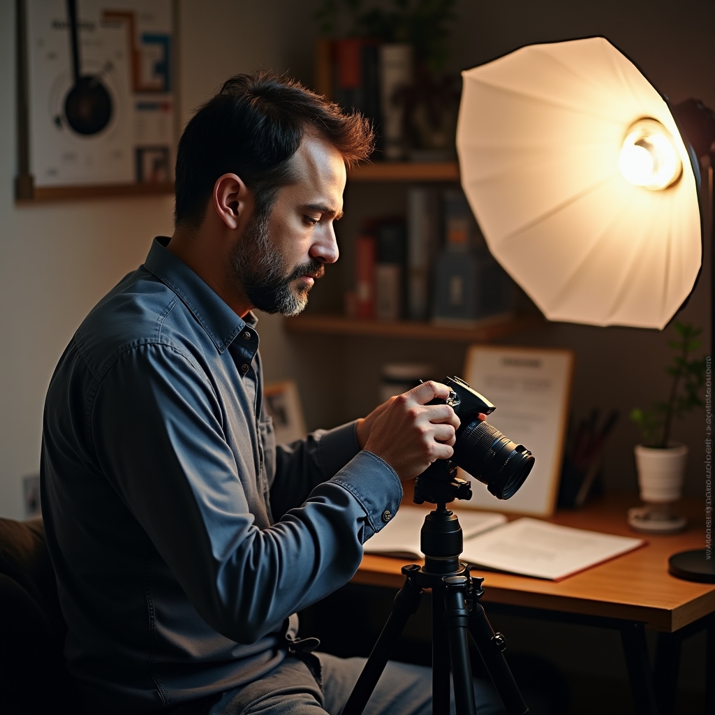Person setting up a camera for science video content creation